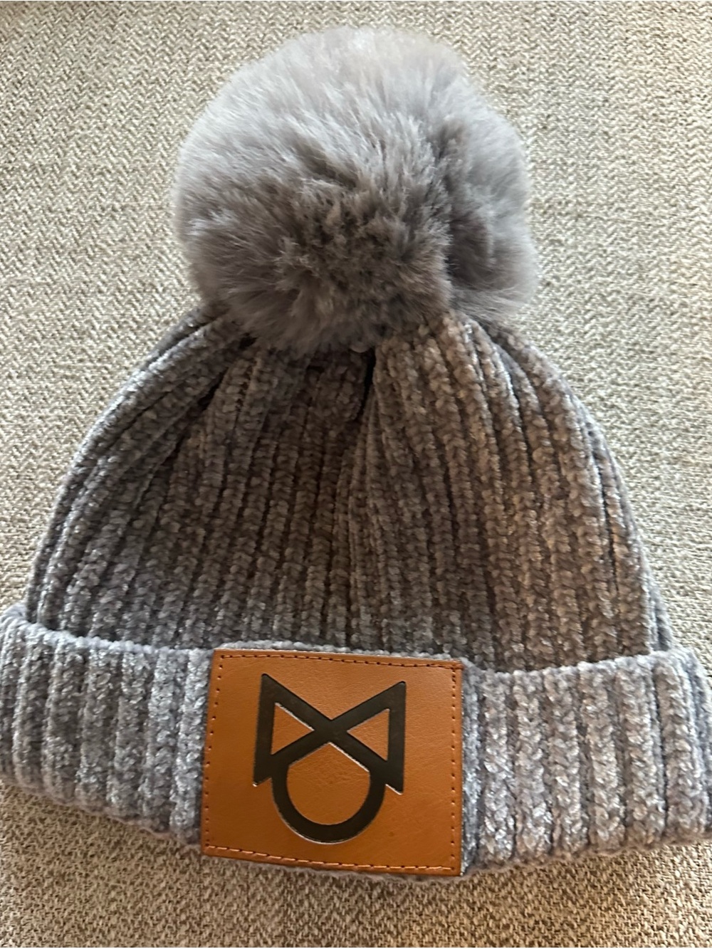Kids Grey Pom Pom Beanie with Logo Patch